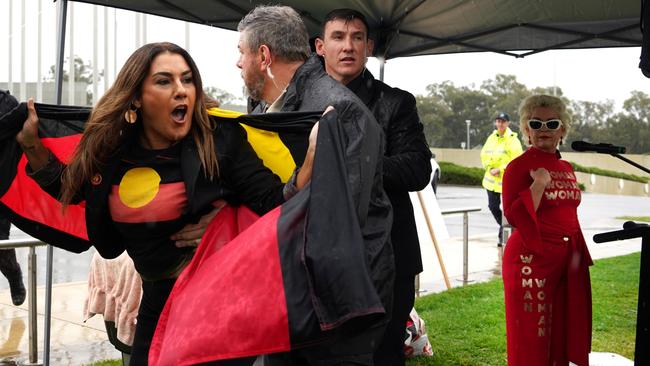 Independent Senator Lidia Thorpe tries to disrupt British Kellie-Jay Keen last week. Picture: AAP