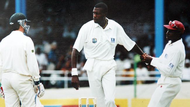 Curtly Ambrose and Steve Waugh in one of cricket’s most famous clashes.