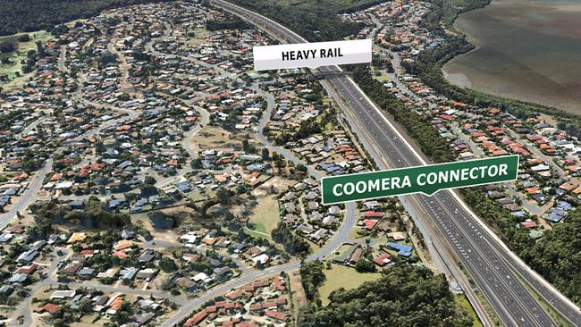 Plans for the Coomera Connector – the heavy rail sign shows where the link is planned to The Shores at Helensvale. Picture: Supplied