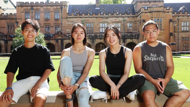 International students An Po-Ru, left, Yingyi Zhang, Szu-Yen Lee and Yiping Qiao at Sydney University. Picture: John Feder