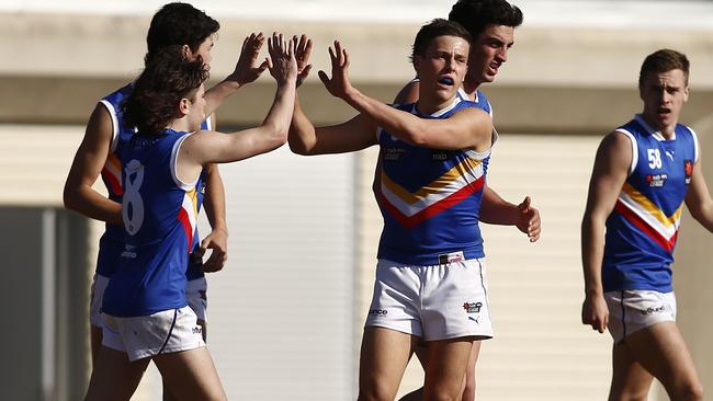 Nick Watson (left) and Eastern Ranges teammates celebrate a goal against the Stingrays.