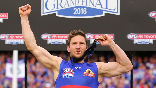 Matthew Boyd celebrates on the podium at last year’s grand final. (Photo by Michael Dodge/AFL Media/Getty Images)