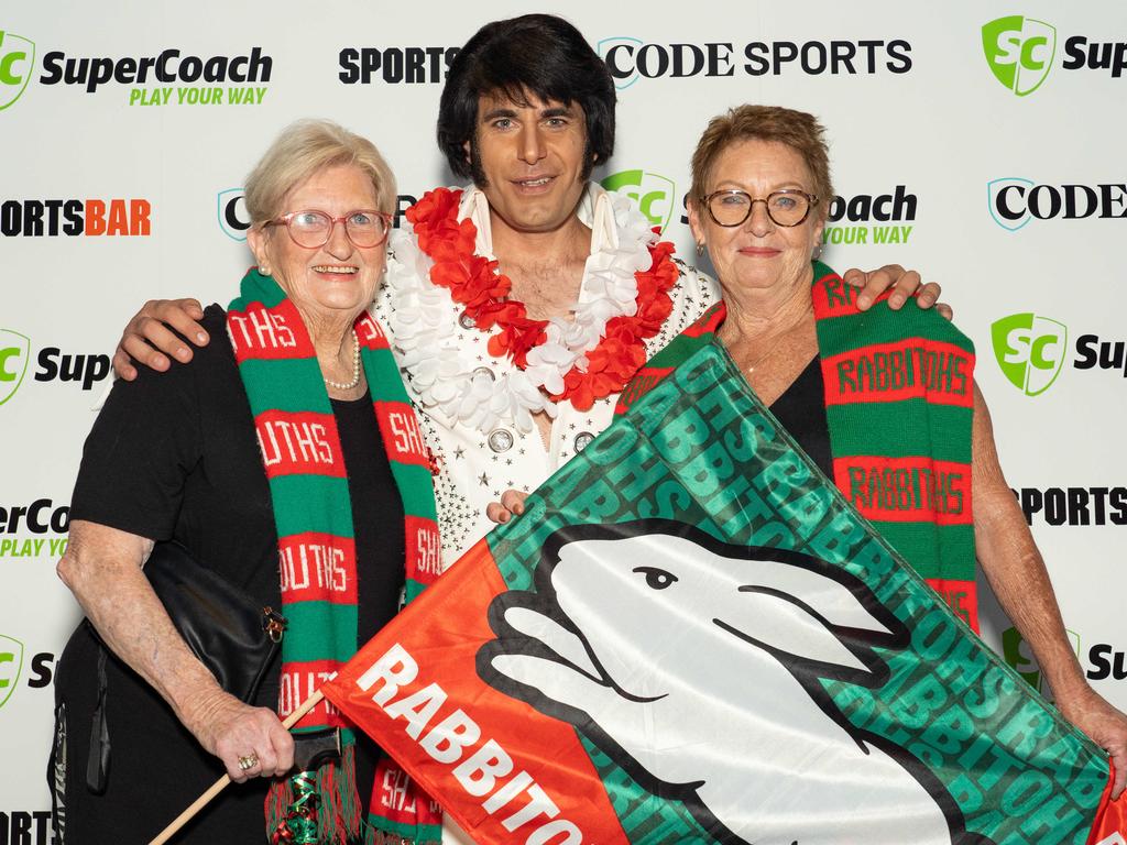 NRL fans Mary Dowling and Christine Bevan with Elvis at the SuperCoach Viva Non-Vegas Party at the Star Casino in Sydney. Picture: Tom Parrish