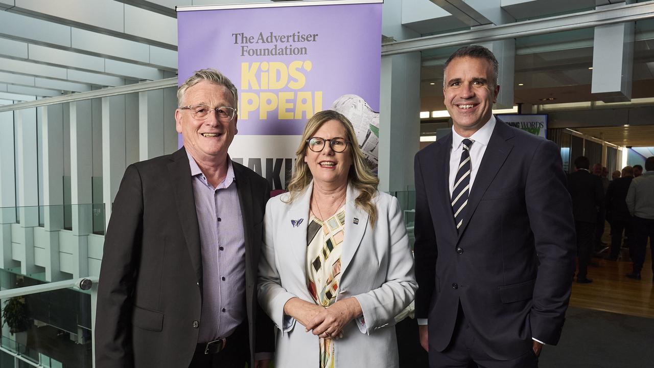 The Advertiser Foundation chair Melvin Mansell, deputy chair Penny Fowler and SA Premier Peter Malinauskas at the Kids’ Appeal launch. Picture: Matt Loxton