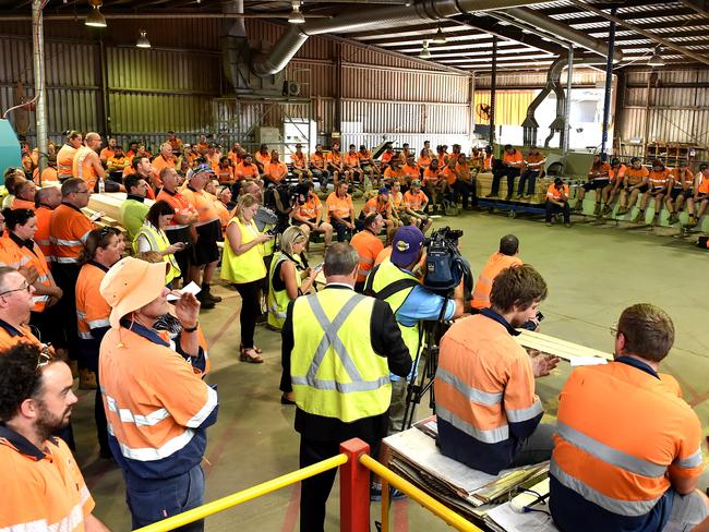 Employees at a meeting announcing the closure of the Heyfield timber mill. Picture: Andrew Batsch