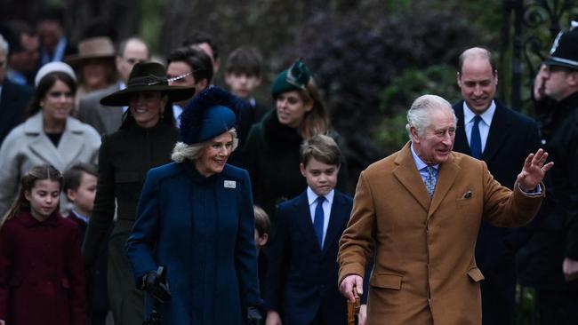 Members of the royal family walk to the traditional Christmas Day service at Sandringham. Picture: AFP