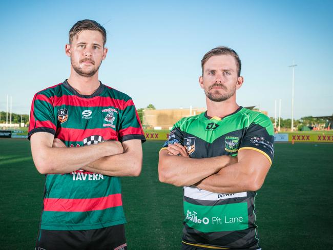 South's Tian Nichols and Palmerston's Alex Johnston ready for Round 1 at the 2021 NRL NT season launch. Picture: Glenn Campbell