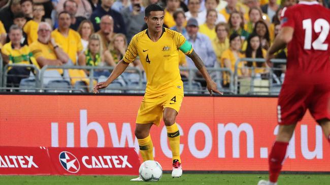 Tim Cahill on the ball on Tuesday night in his final appearance for the Socceroos. Picture: Brett Costello