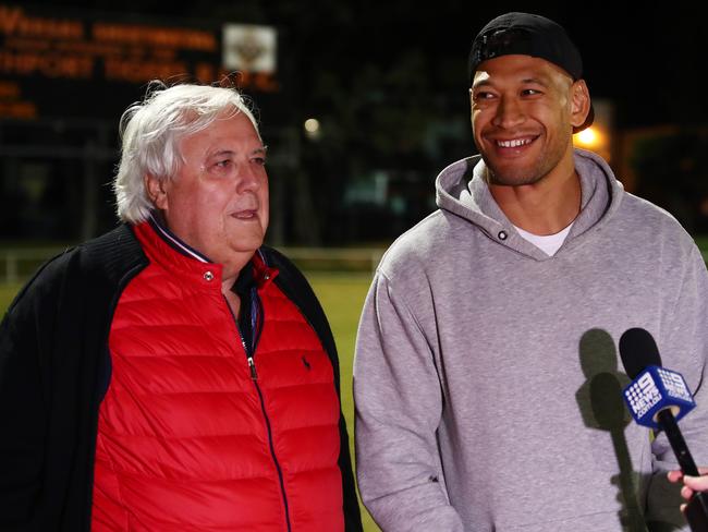 GOLD COAST, AUSTRALIA - MAY 27: Clive Palmer and Israel Folau speak to media at Owen Park on May 27, 2021 in Gold Coast, Australia. (Photo by Chris Hyde/Getty Images)