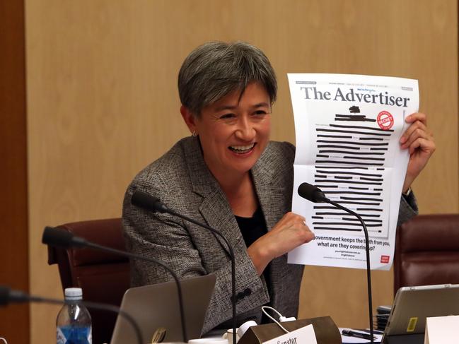 Senator Penny Wong asks questions at a Senate Estimates hearing at Parliament House in Canberra. Picture: Kym Smith