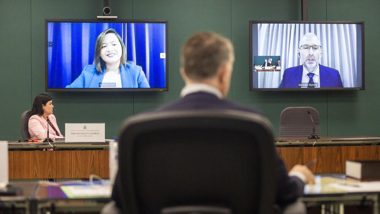 NT Chief Minister Natasha Fyles listens to ICAC Michael Riches during estimates hearings. Picture: Floss Adams