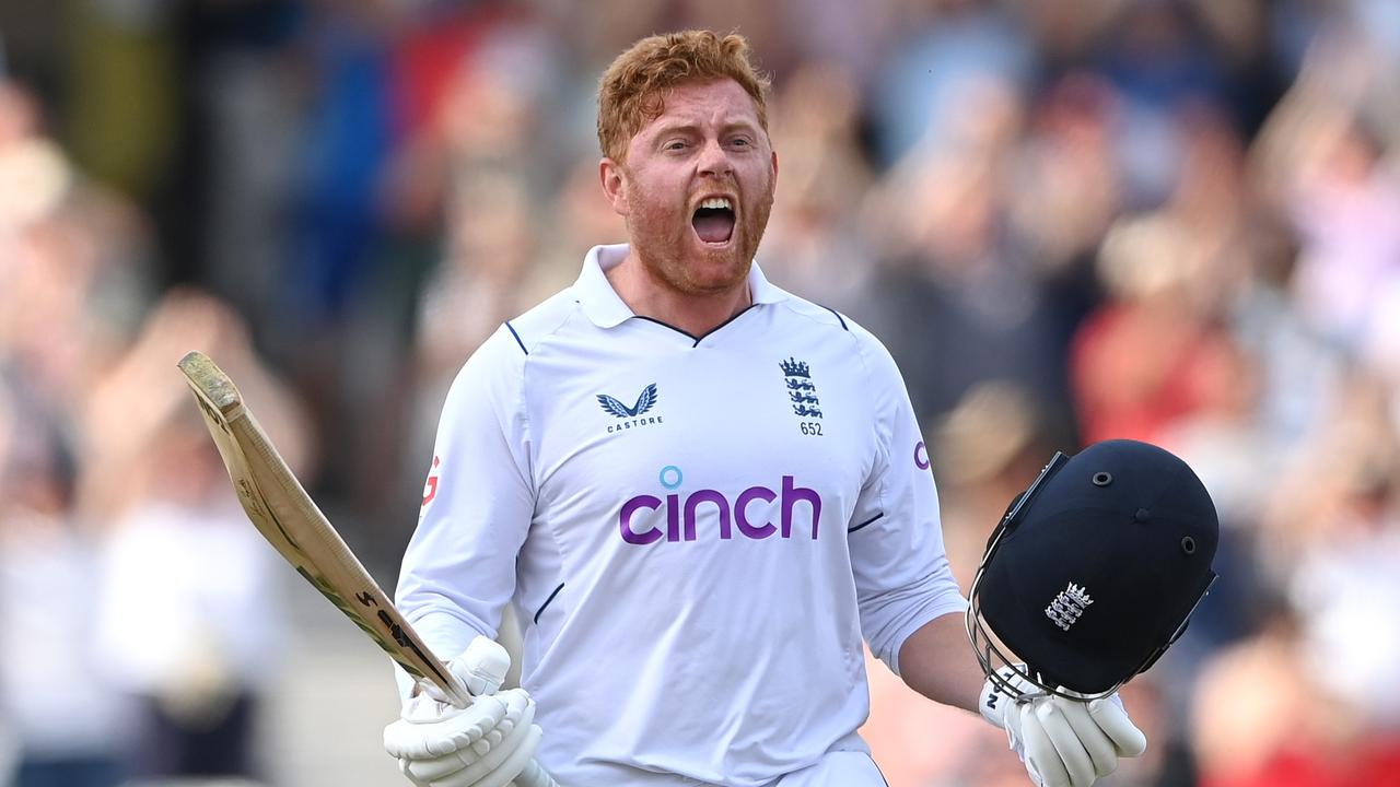 NOTTINGHAM, ENGLAND - JUNE 14: England batsman Jonny Bairstow celebrates his century during day five of the Second Test Match between England and New Zealand at Trent Bridge on June 14, 2022 in Nottingham, England. (Photo by Stu Forster/Getty Images)