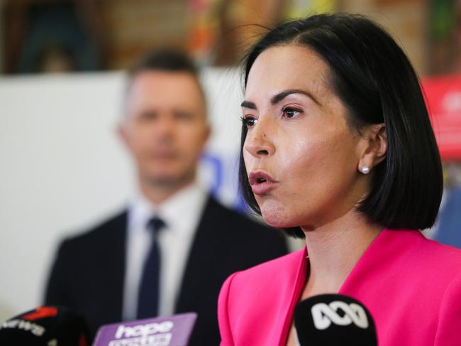 NSW Deputy Premier and Education Minister Prue Car. In the background, federal Education Minister Jason Clare. The state and Commonwealth governments are at an impasse over school funding. Picture: NCA Newswire/Gaye Gerard