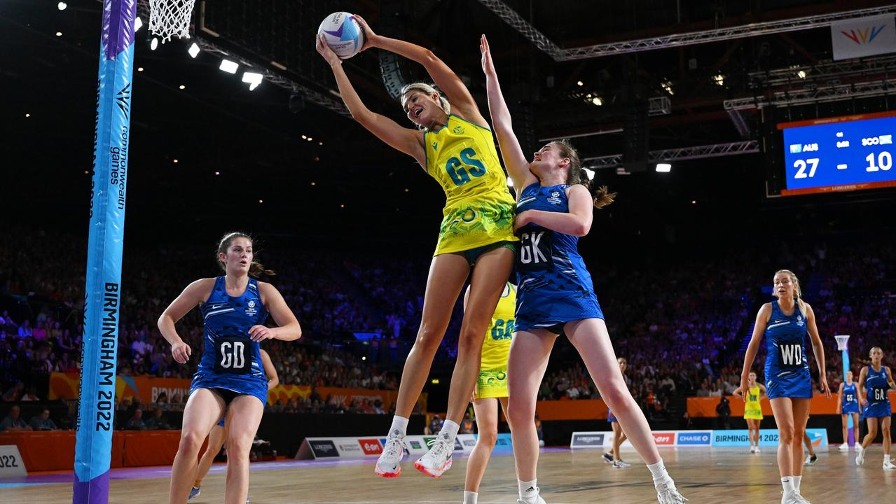 Australia’s Gretel Bueta gathers the ball on a strong hold against Scotland. Picture: David Ramos