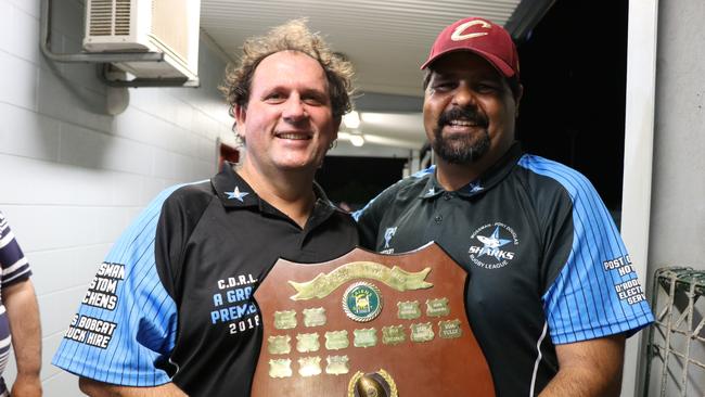 Sharks president Jason Fasano and reserves coach Adam Fischer with the Cairns and District Rugby League premiership shield. PIC: GIZELLE GHIDELLA