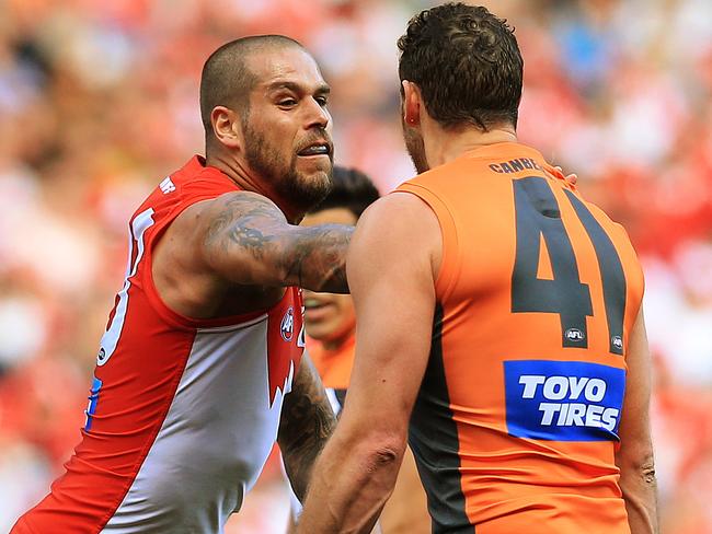 Sydney's Lance Franklin and GWS Giants Shane Mumford push and shove during the Qualifying Final between Sydney Swans and GWS Giants at ANZ Stadium, Homebush. Picture: Toby Zerna