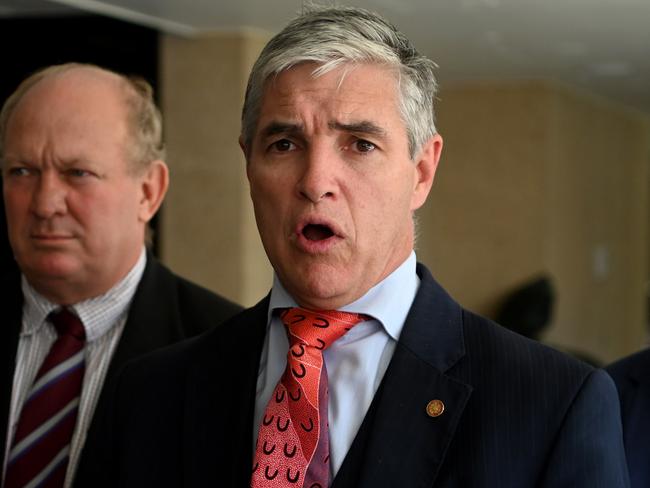 BRISBANE, AUSTRALIA - NewsWire Photos - MARCH 15, 2023.KAP Queensland leader Robbie Katter (2nd right), joined by (L to R) Federal Member for Kennedy Bob Katter, Shane Knuth and Nick Dametto, speaks to the media at Parliament House.  Picture: Dan Peled / NCA NewsWire