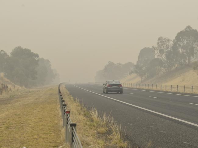 Smoke haze drifting over the Hume Highway looking south near Euroa.Photo: DANNIKA BONSER