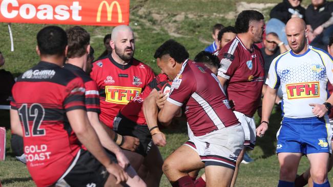 GCDRU Preliminary Final between the Nerang Bulls and the Griffith Uni Colleges Knights. Bulls player No 8 Sheldon Fidow Knights Player No1 Lesi tawake Picture Mike Batterham