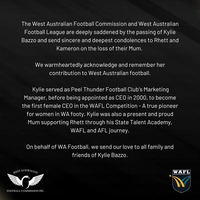 The Western Australian Football Commission are among a number of sporting organisations paying tribute to the late Kylie Bazzo.