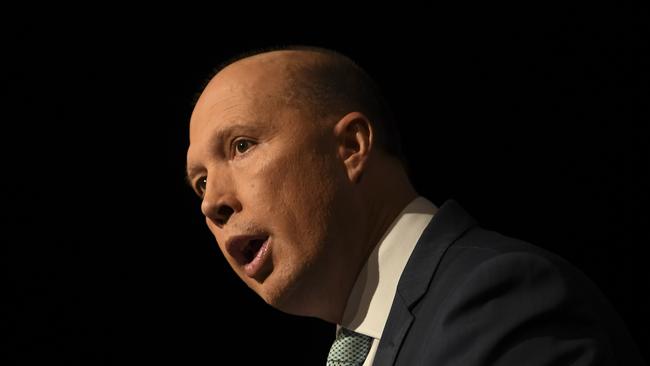 Australian Home Affairs Minister Peter Dutton speaks during the Australian Cyber Security Centre (ACSC) ACSC2018 conference in Canberra, Wednesday, April 11, 2018. (AAP Image/Lukas Coch) NO ARCHIVING