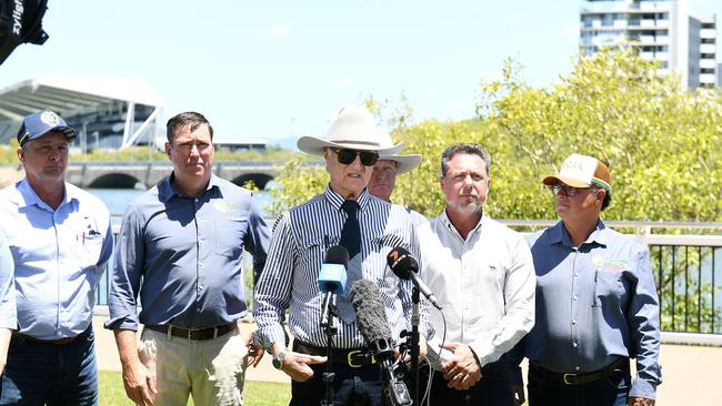 Federal Member for Kennedy Bob Katter speaks to the media in their appeal to the Prime Minister for Category D disaster grants to be given to flood-affected farmers. Picture: Shae Beplate.