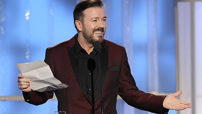 In this image released by NBC, host Ricky Gervais speaks during the 69th Annual Golden Globe Awards in Los Angeles, Californi...