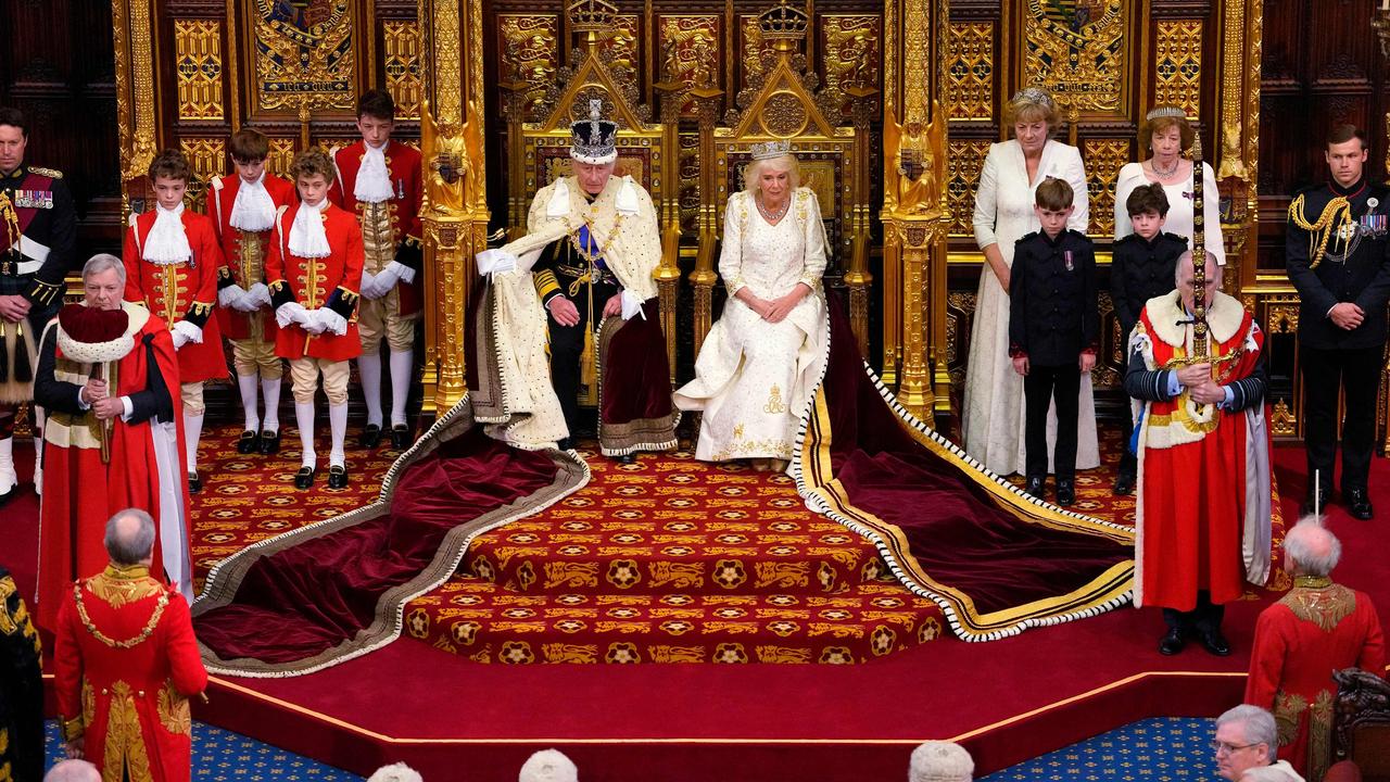 King Charles III, wearing the Imperial State Crown and the Robe of State, and Britain's Queen Camilla, wearing the George IV State Diadem. Picture: AFP