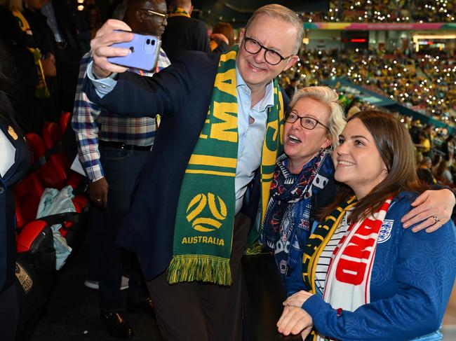 PM Anthony Albanese takes a selfie with fans prior to the FIFA Women's World Cup Australia and New Zealand 2023 Group B match between Australia and Nigeria at Brisbane Stadium. Picture: FIFA via Getty Images