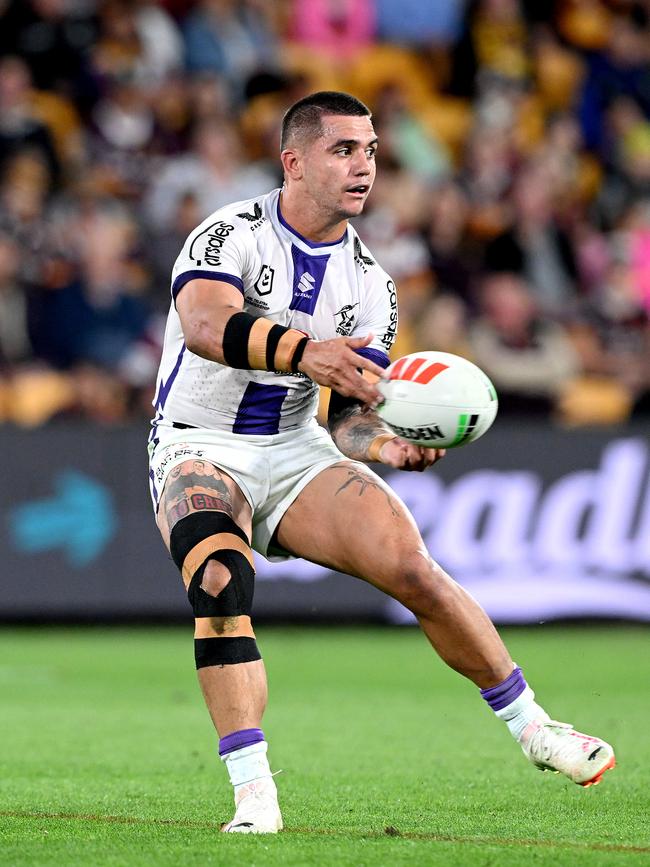 Jayden Nikorima playing for the Storm in 2023. Photo by Bradley Kanaris/Getty Images