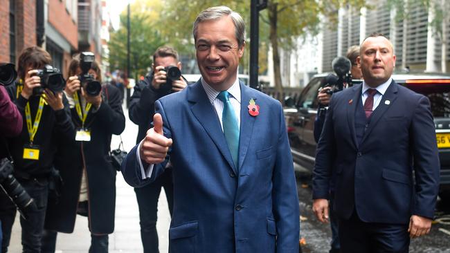 Brexit Party leader Nigel Farage arrives for the launch of the party’s manifesto in London on Saturday. Picture: Getty Images