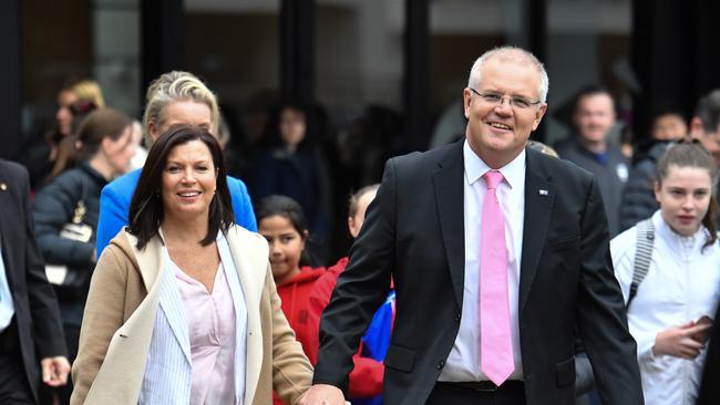 Prime Minister Scott Morrison and wife Jenny during a visit to netball courts at Sportlink, Vermont in Melbourne on Saturday. Picture: AAP