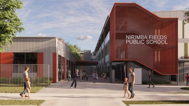 An artists impression of the permanent Nirimba Fields Public School. Students are currently at a temporary school on the same site. Artist impression is subject to change. Picture: Amanda Beck/NSW Government