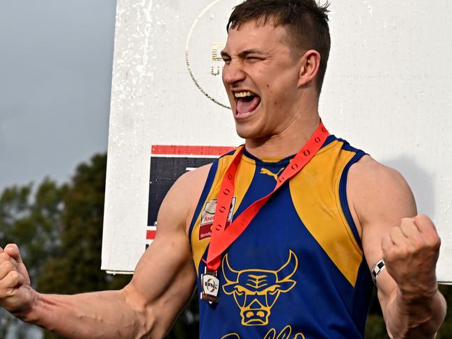 Noble Park captain Kyle Martin celebrates after winning the EFL Premier Division Grand Final between Rowville and Noble Park in Melbourne, Saturday, Sept. 17, 2022. Picture: Andy Brownbill