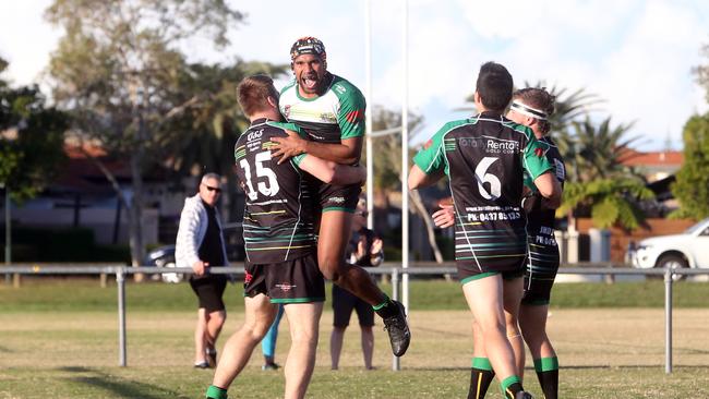 Rugby League Gold Coast (RLGC) A Grade clash between Helensvale Hornets (Green/Yellow) and Southport Tigers (Orange). Brent Barnes scoring. 20 June 2021 Helensvale Picture by Richard Gosling