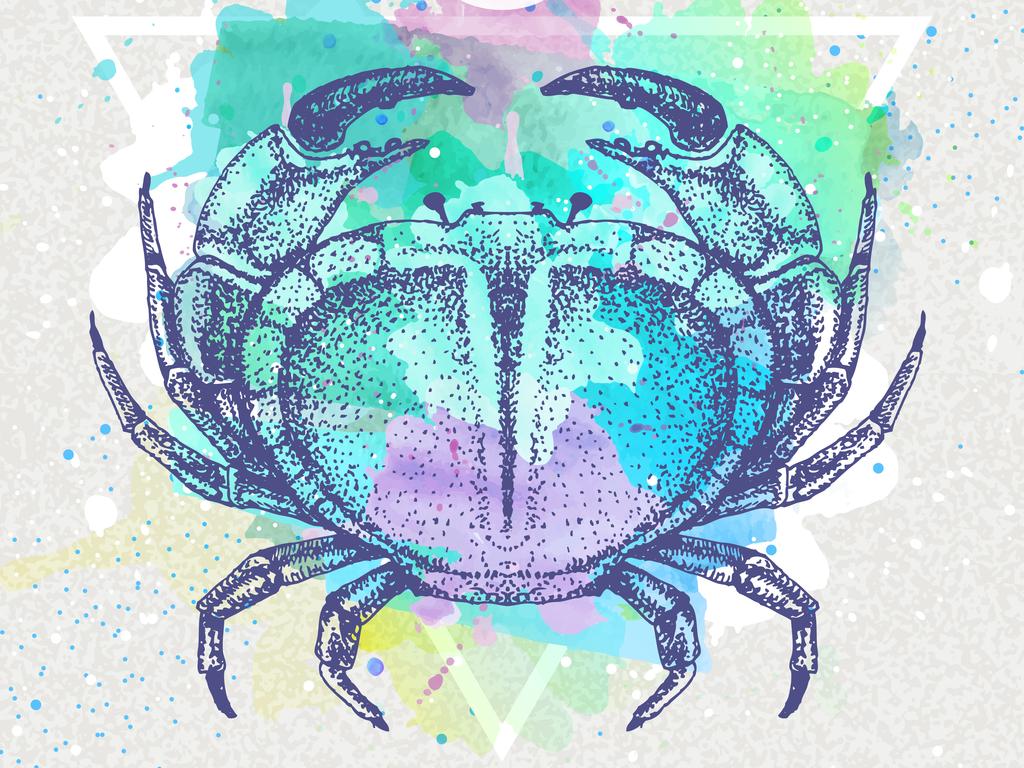 Modern magic witchcraft card with astrology Cancer zodiac sign on artistic watercolor background. Realistic hand drawing crab illustration.