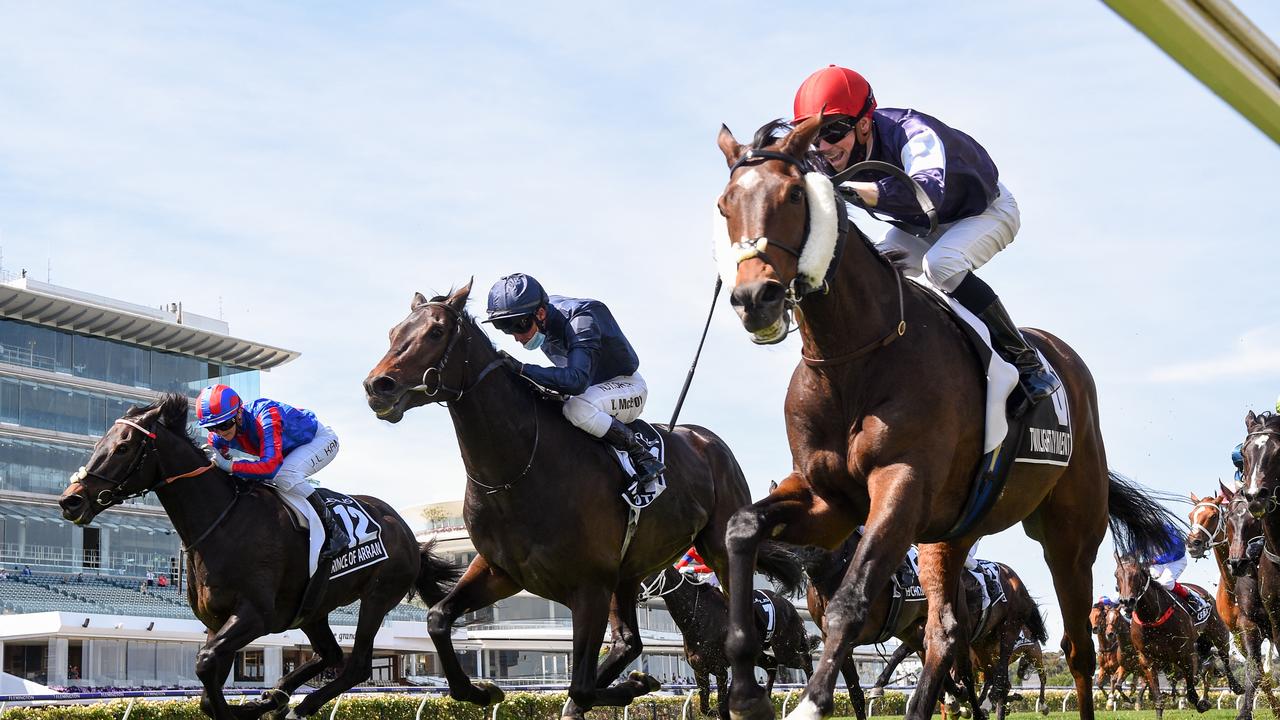 Twilight Payment (IRE) ridden by Jye McNeil wins the Lexus Melbourne Cup at Flemington Racecourse on November 03, 2020 in Flemington, Australia. (Pat Scala/Racing Photos via Getty Images)