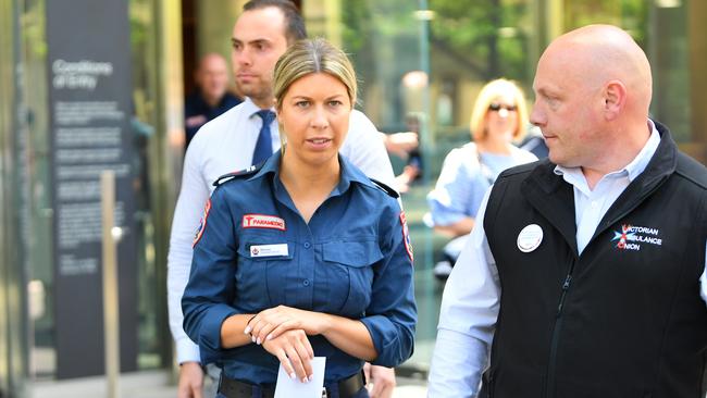 Victorian Paramedic Monica leaves the the County Court of Victoria after James Haberfield has received a community corrections order, avoiding jail, after attacking a paramedic. Picture: AAP.