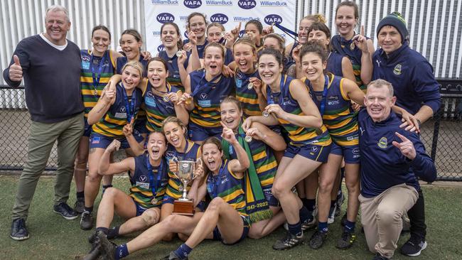 St Kevins players celebrate their back-to-back premiership. Picture: Valeriu Campan