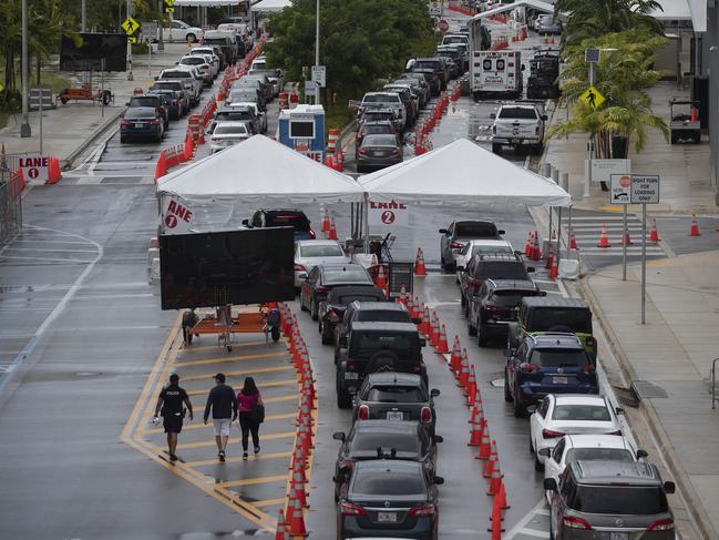 Cars in line as drivers wait to be tested for COVID-19 in Miami Beach Florida. Picture: AFP