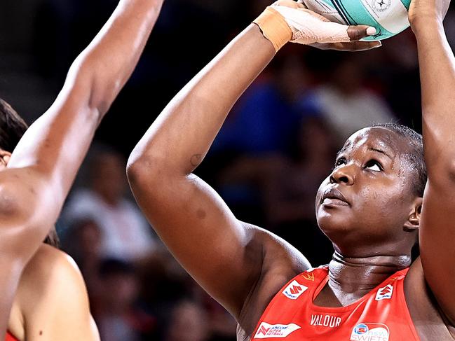 SYDNEY, AUSTRALIA - MARCH 22: Sam Wallace-Joseph of the Swifts shoots during the 2024 Suncorp Team Girls Cup match between NSW Swifts and West Coast Fever at Ken Rosewall Arena on March 22, 2024 in Sydney, Australia. (Photo by Jenny Evans/Getty Images for Netball Australia)