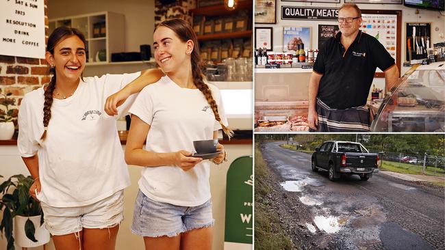 Waitress Maddy Ranzolin (above right), with Summer Chahoud, has welcomed the funding; as has butcher Martin Sharp (top right). The roads are riddled with potholes, and become dangerous in floods. Pictures: Sam Ruttyn