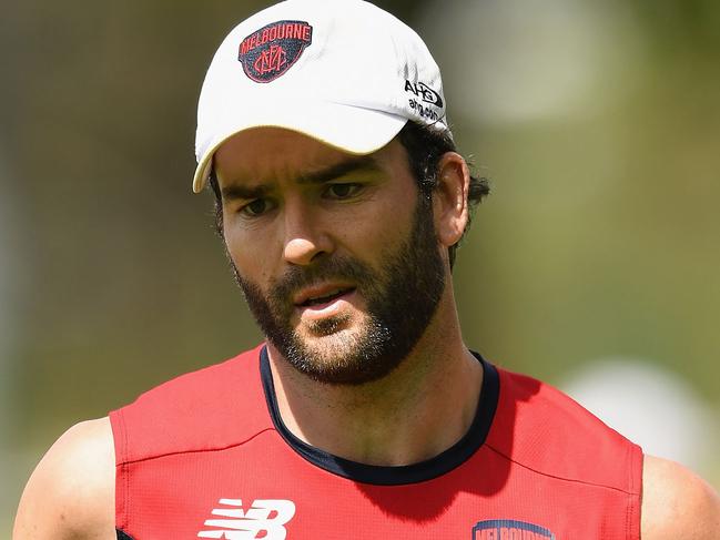 MELBOURNE, AUSTRALIA - NOVEMBER 17:  Jordan Lewis of the Demons runs laps during a Melbourne Demons AFL training session  at Gosch's Paddock on November 17, 2017 in Melbourne, Australia.  (Photo by Quinn Rooney/Getty Images)