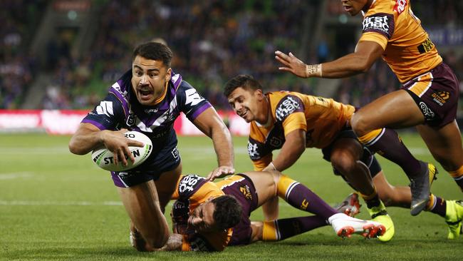 Jahrome Hughes crosses over for the first try of the game. Picture: AAP Image/Daniel Pockett