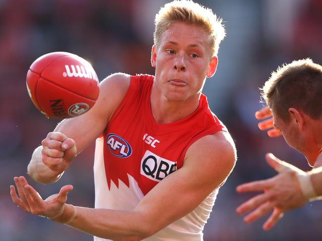 Sydney's Isaac Heeney handballs during AFL Derby match between the GWS Giants and Sydney Swans at Giants Stadium. Picture. Phil Hillyard