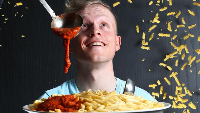 12.1.2018.Team Katusha Alpecin rider Mads Wurtz Schmidt with pasta at the Hilton.  pic tait schmaal.