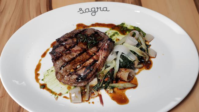 Sagra’s 300g bisteca with silverbeet.