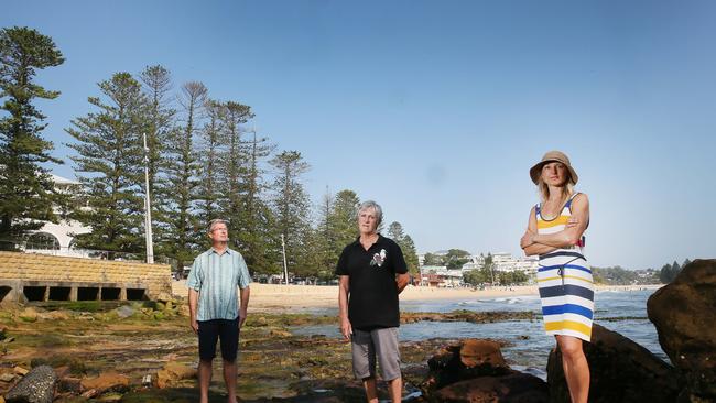 Terrigal Haven Supporters Group members David Mylan, Ros Fuller and Emily Clegg are campaigning for action to improve declining water quality at Terrigal particularly around The Haven. Picture: AAP /Sue Graham.