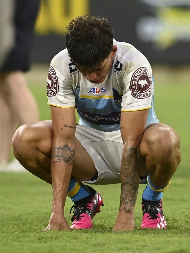 Jayden Campbell of the Titans looks dejected after losing the round four NRL match between North Queensland Cowboys and Gold Coast Titans at Qld Country Bank Stadium on March 25, 2023 in Townsville, Australia. (Photo by Ian Hitchcock/Getty Images)