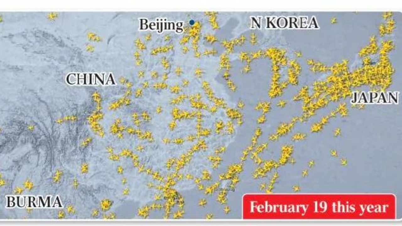 Flight traffic in the same area on February 19, 2020 looks very different. Picture: Wall Street Journal